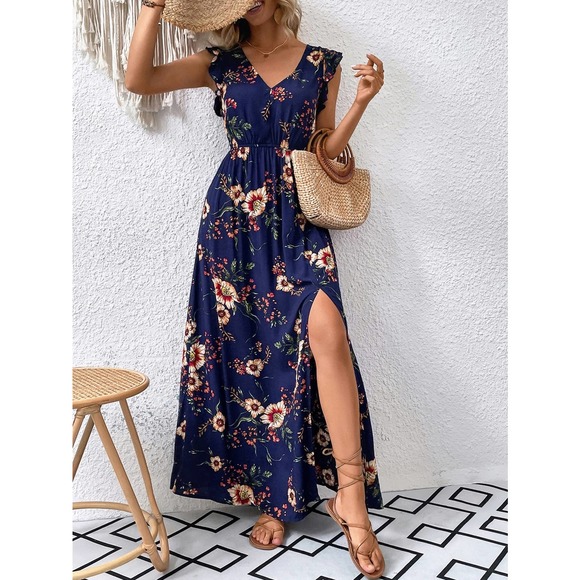 boho Floral Print Ruffle Trim Slit Thigh maxi Dress (Without Belt) - Picture 9 of 11